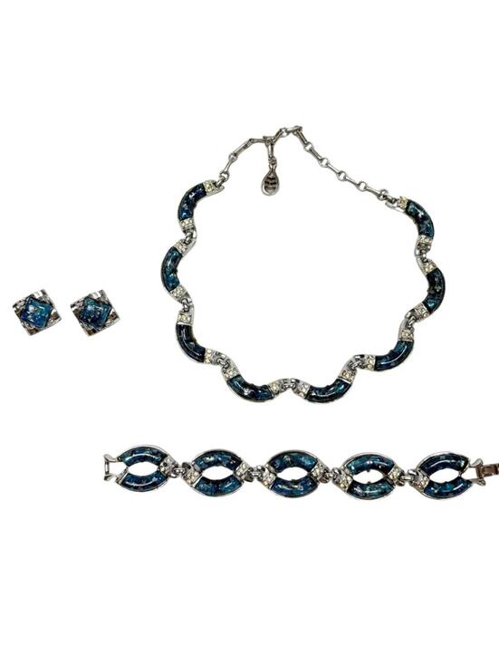 coro Jewelry - Vintage 1950's Coro Blue and Silver Confetti Lucite Jewelry Set